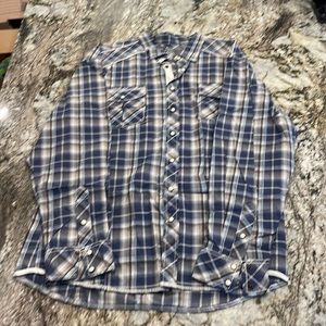 The buckle athletic fit blue brown and white plaid shirt, men’s